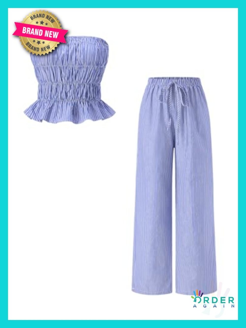 Striped 2 Piece Outfit Peplum Strapless Tube Top Wide Leg Pants Y2k Going Out
